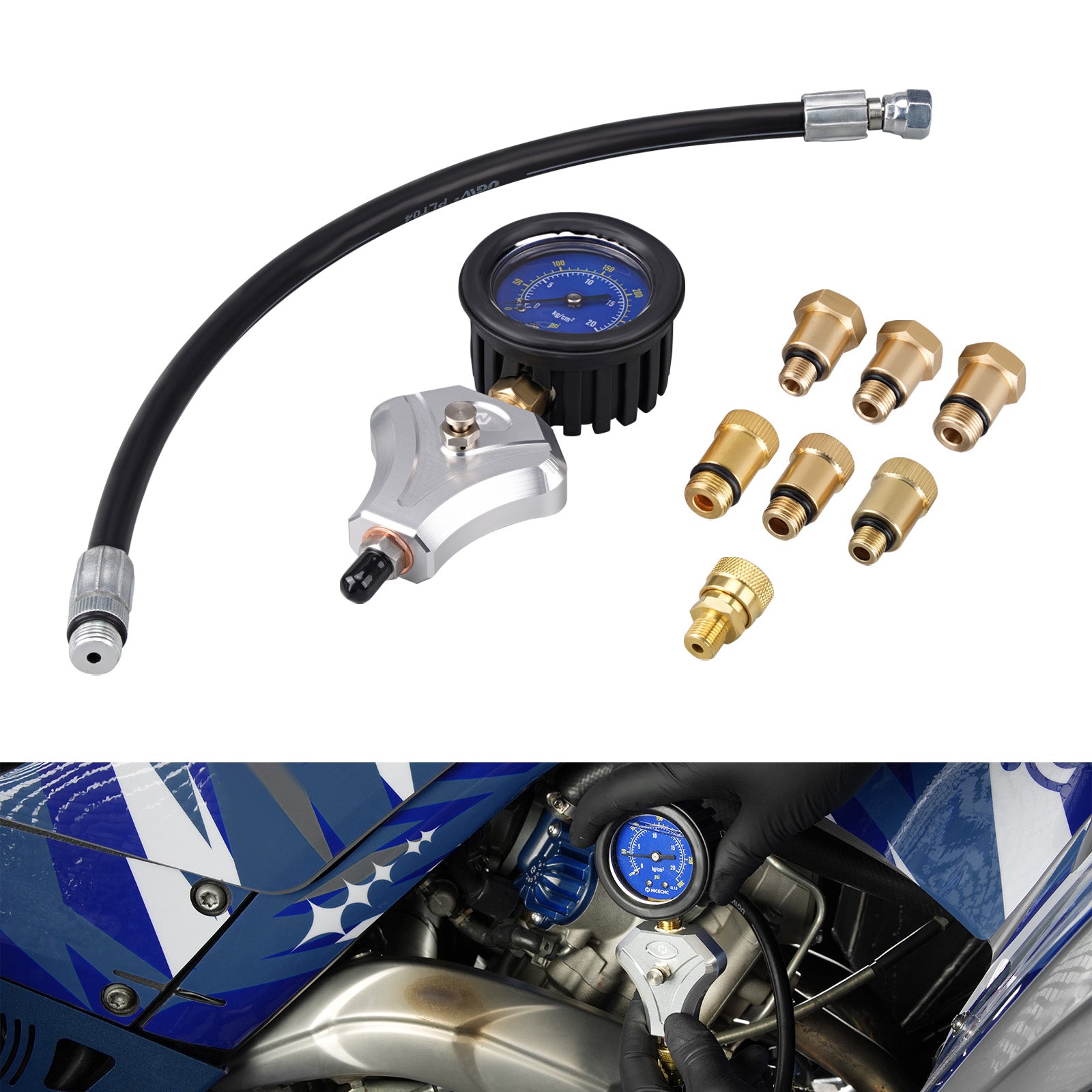 Motor-Kompressionstester mit 10, 12 und 14 mm Adaptern für Motorrad und ATV