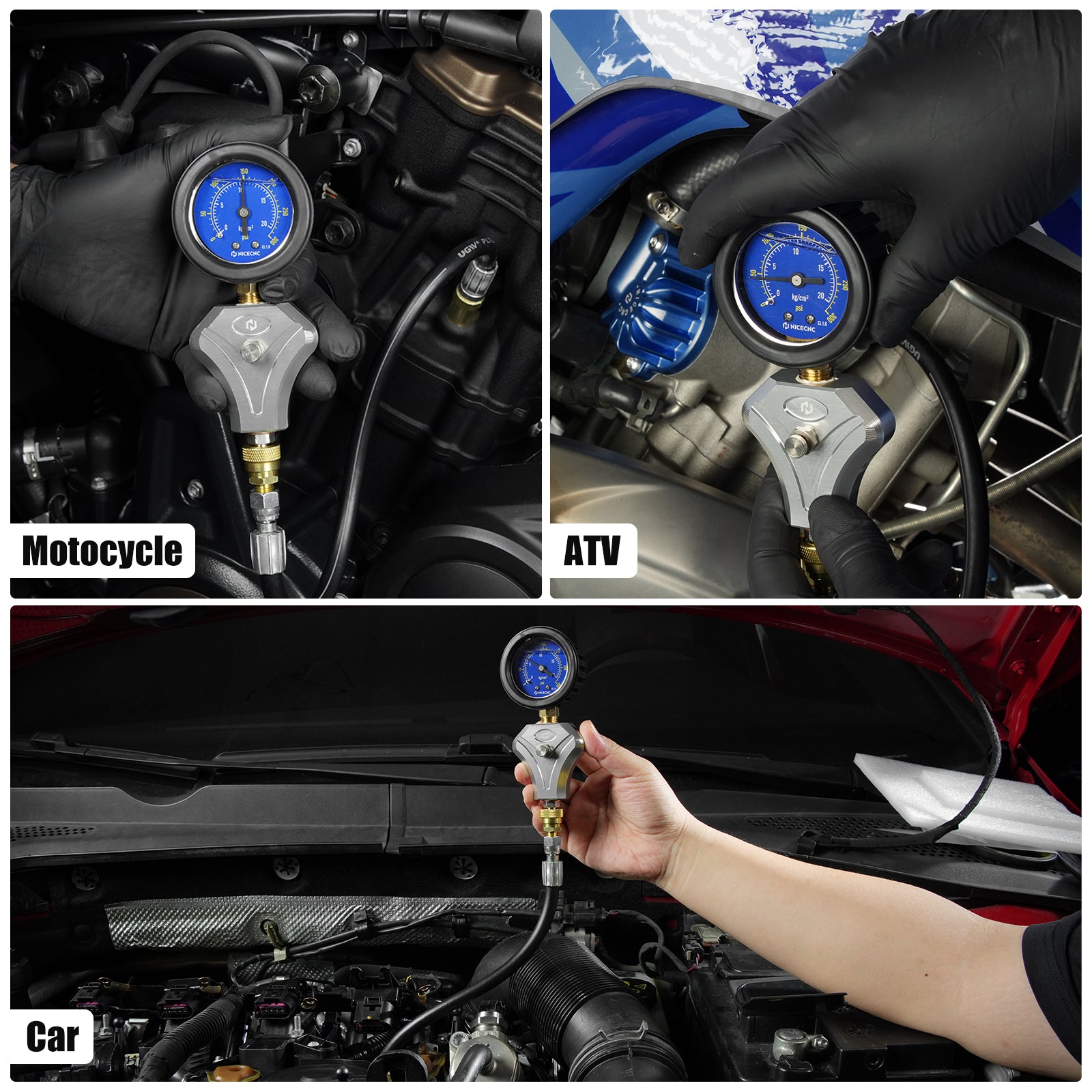 Motor-Kompressionstester mit 10, 12 und 14 mm Adaptern für Motorrad und ATV