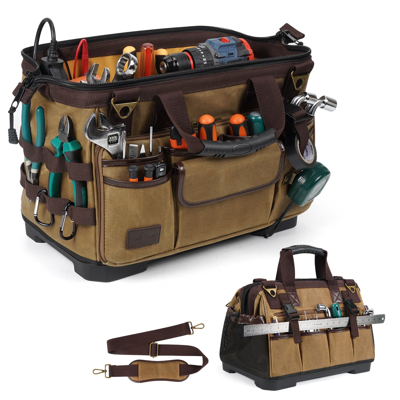 ARCFOX Werkzeugtasche im Vintage-Stil, gewachstes Canvas, 40,6 cm, für Mechaniker und Elektriker, 31 Taschen
