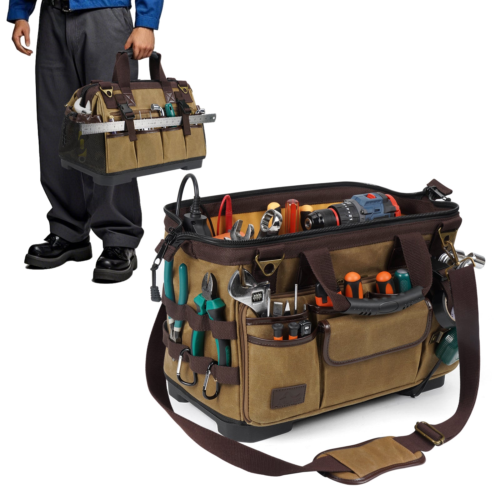 ARCFOX Werkzeugtasche im Vintage-Stil, gewachstes Canvas, 40,6 cm, für Mechaniker und Elektriker, 31 Taschen