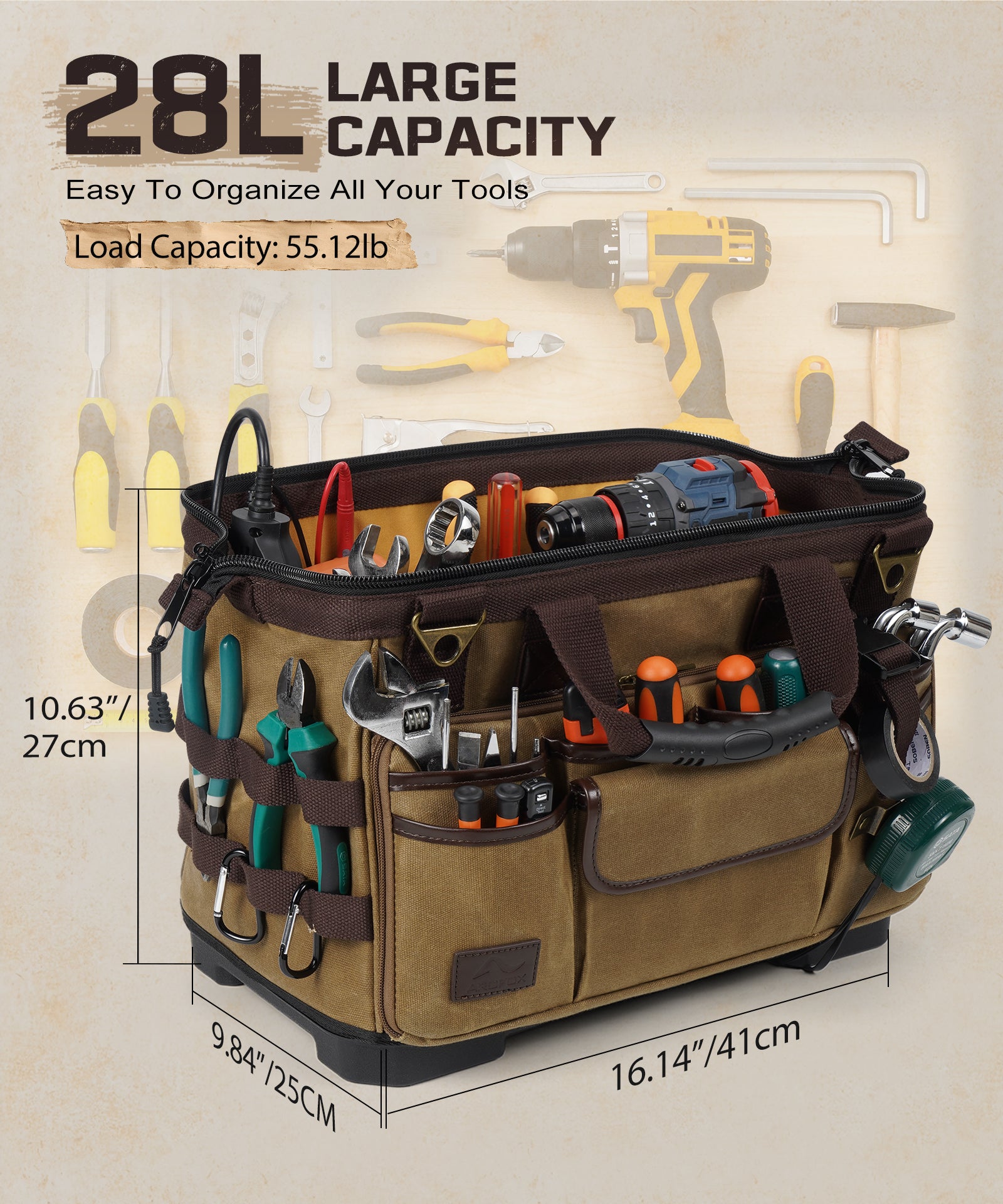 ARCFOX Werkzeugtasche im Vintage-Stil, gewachstes Canvas, 40,6 cm, für Mechaniker und Elektriker, 31 Taschen