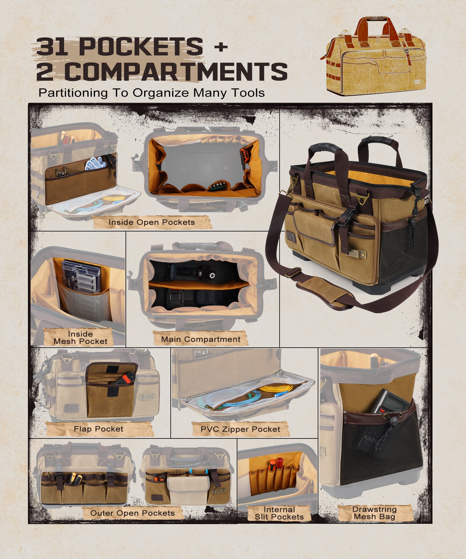 ARCFOX Werkzeugtasche im Vintage-Stil, gewachstes Canvas, 40,6 cm, für Mechaniker und Elektriker, 31 Taschen