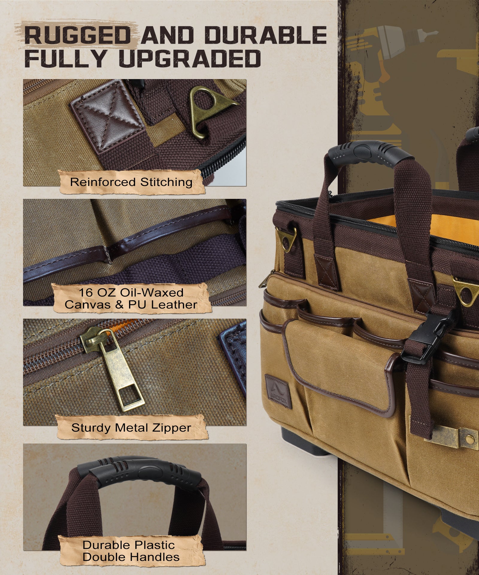 ARCFOX Werkzeugtasche im Vintage-Stil, gewachstes Canvas, 40,6 cm, für Mechaniker und Elektriker, 31 Taschen
