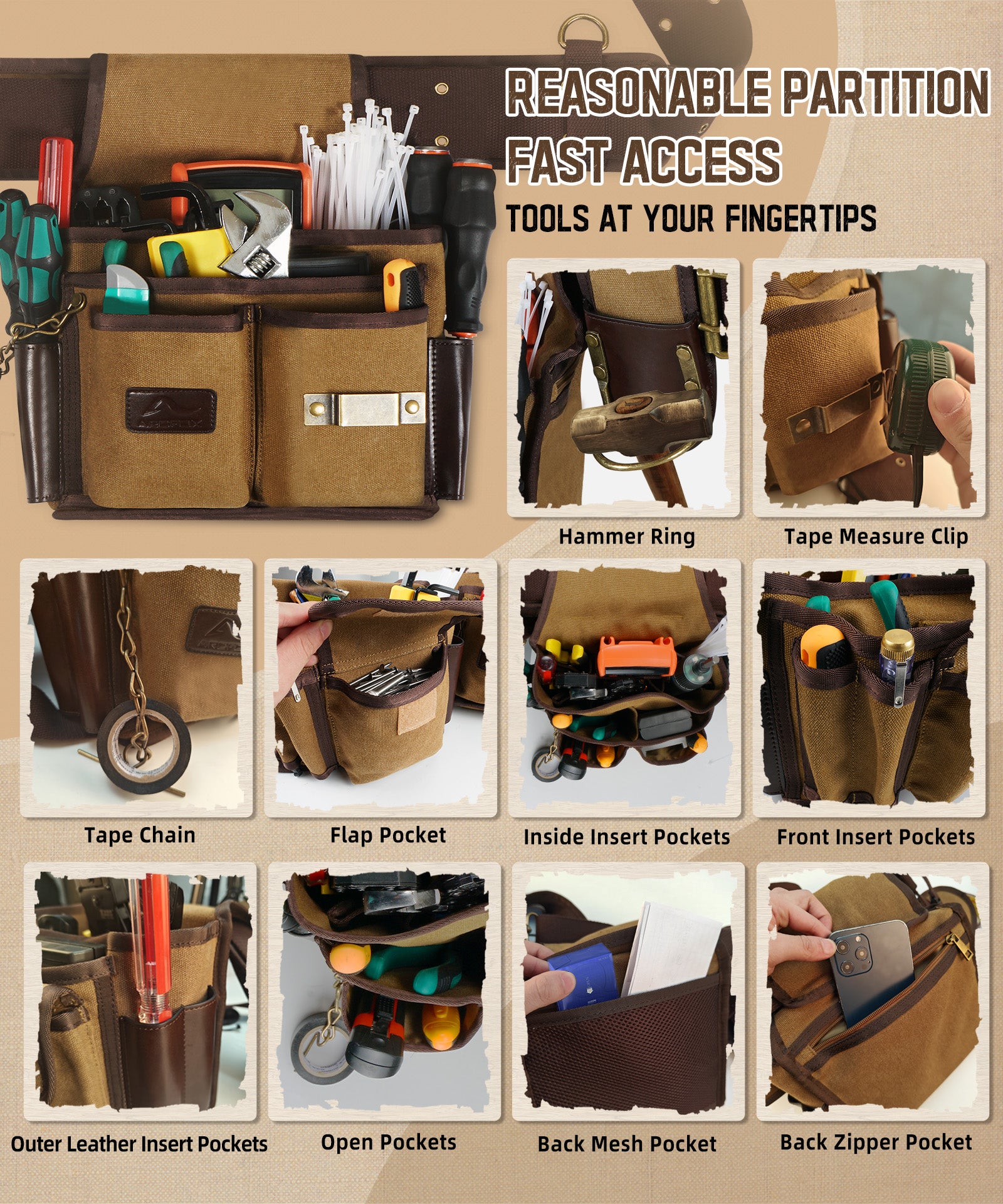 ARCFOX Vintage Canvas Werkzeuggürteltaschen 37 Taschen mit Hammerhalter