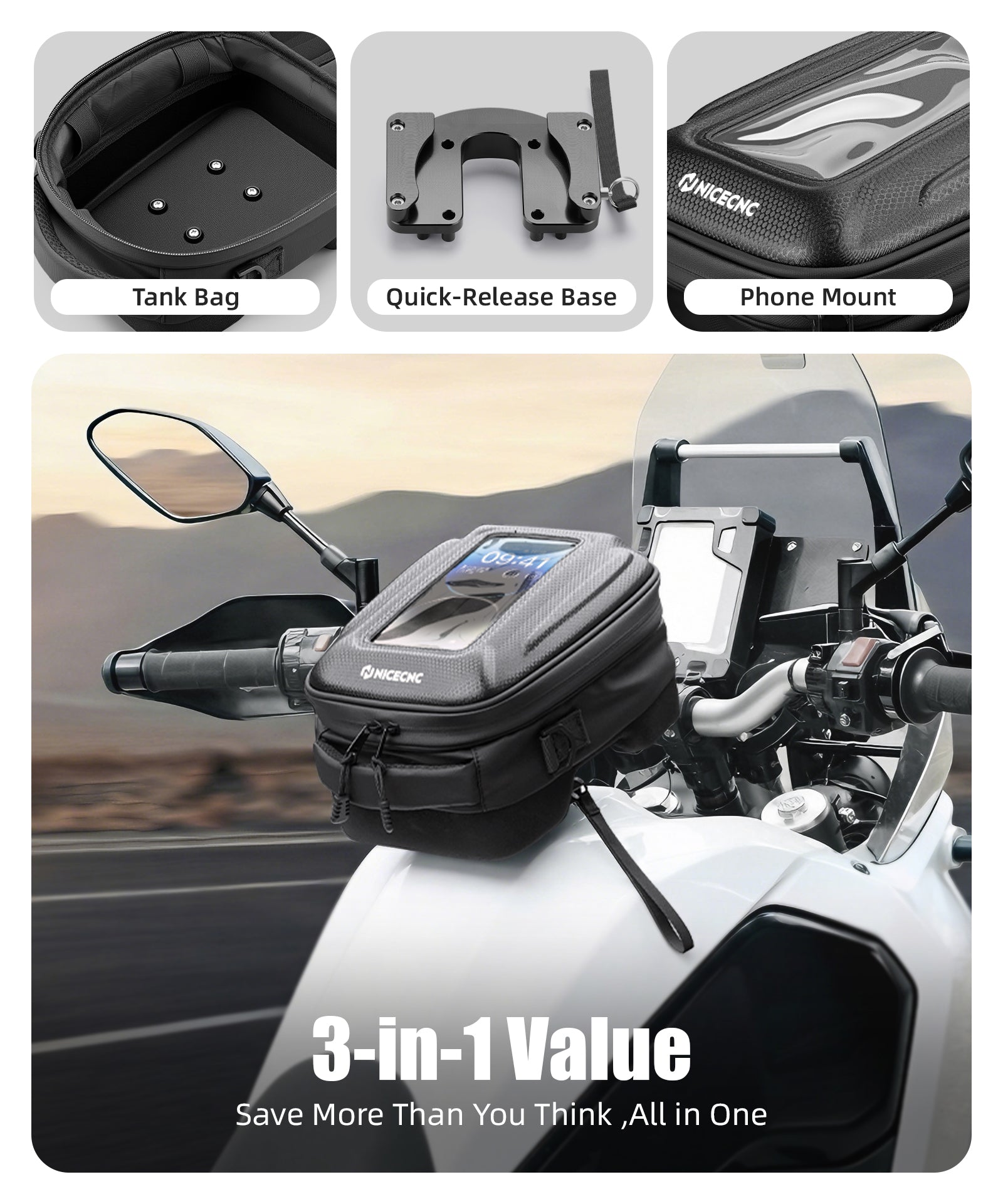 Tankrucksack mit Schnellverschluss und Push-Pull-Schließsystem für Yamaha Tenere 700 2019–2024
