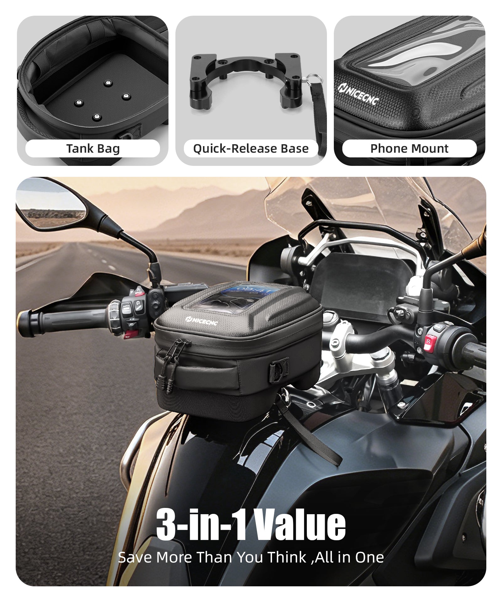 Schnellverschluss Motorrad Tanktasche für BMW R1250GS 2017-2024 – Push-Pull Verriegelung wasserdicht
