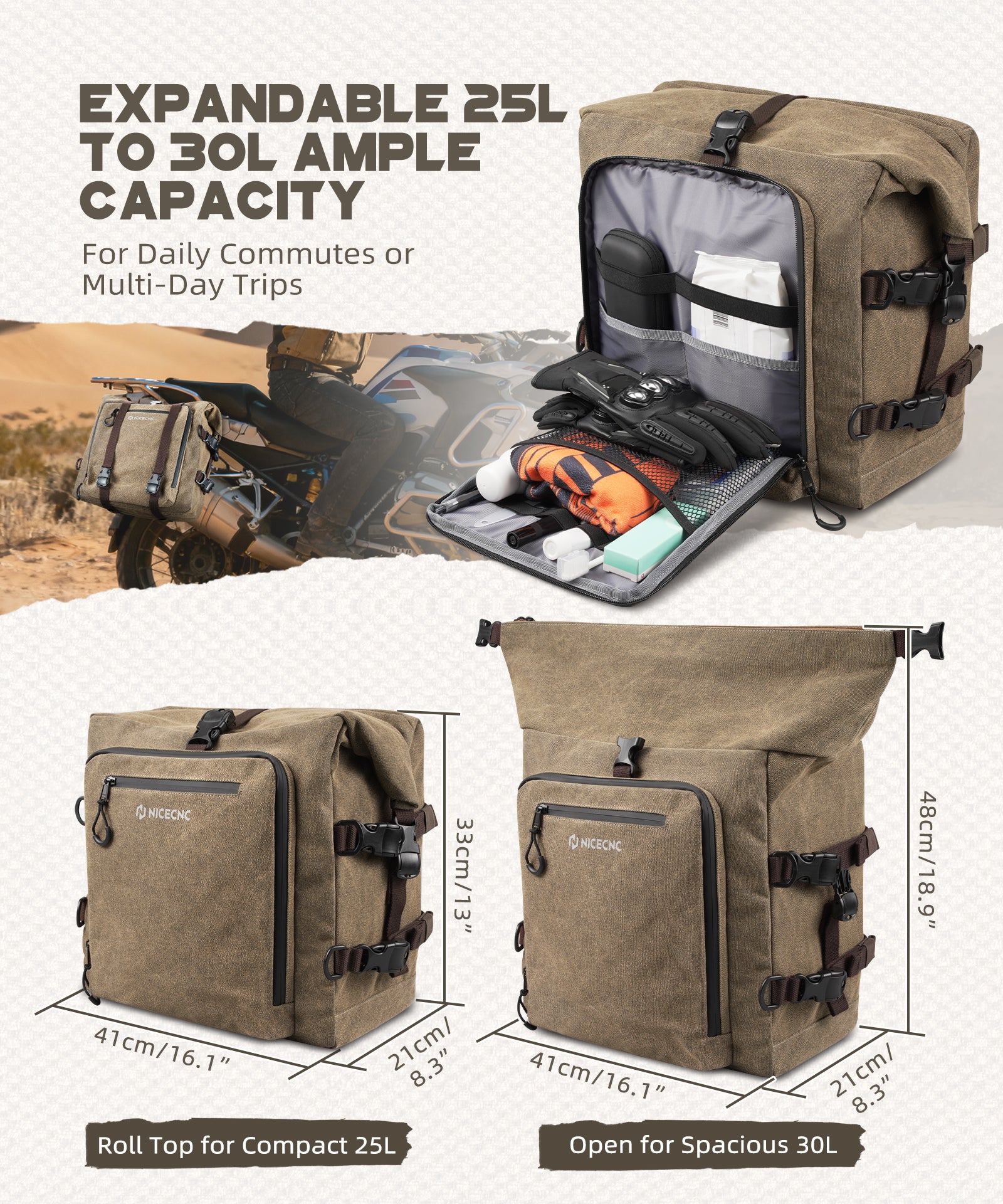 Motorrad-Gepäckträgertasche aus Baumwoll-Canvas, 30 Liter Fassungsvermögen