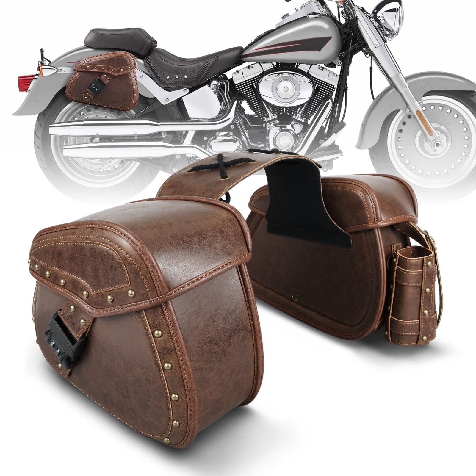 PU leder Motorrad Sattel Taschen mit Getränkehalter & Schloss für Universal Motorrad