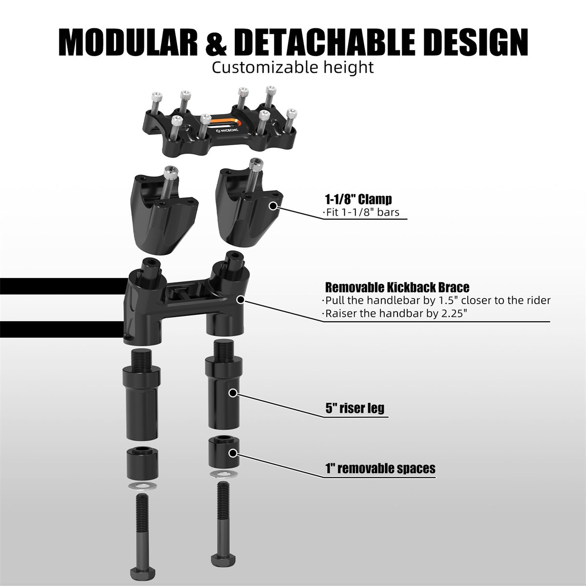 Modularer Kickback-Lenker-Riser mit Isolierung, 8"/ 7"/ 6"/ 5", nach hinten 1,5" für Harley 1-1/8" Fat Bar