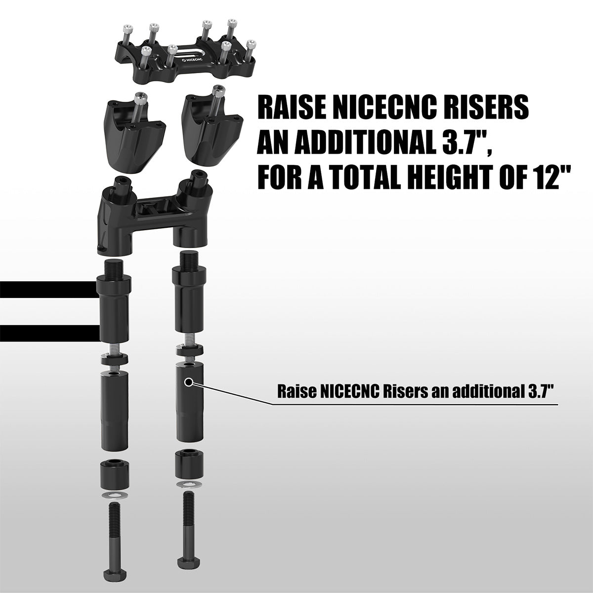 Modularer Kickback-Lenker-Riser mit Isolierung, 8"/ 7"/ 6"/ 5", nach hinten 1,5" für Harley 1-1/8" Fat Bar