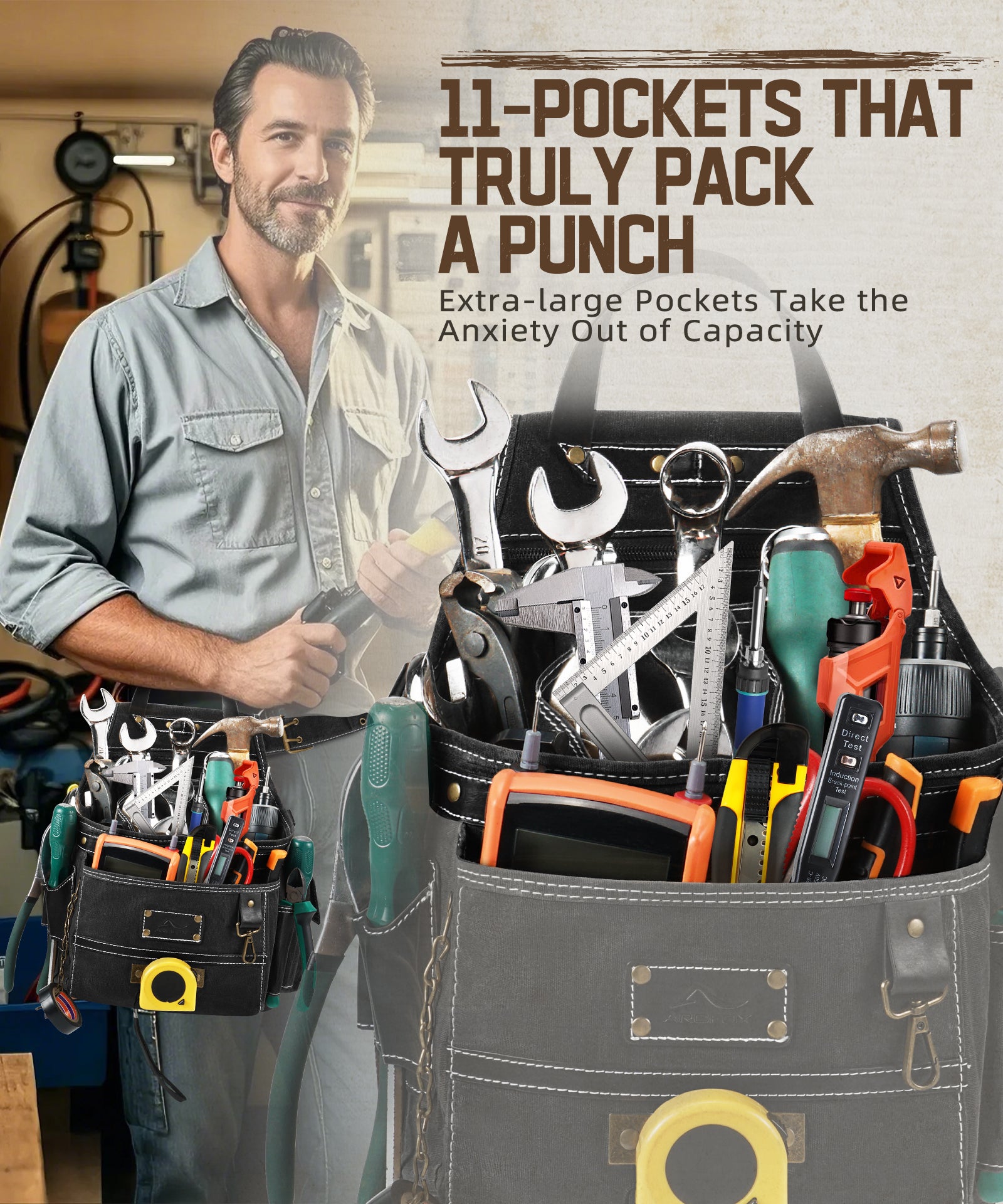 Gürteltasche für Multifunktionswerkzeug mit 11 Taschen und schnell verstellbarer Gürteltasche aus Canvas mit Halterung für Hardware