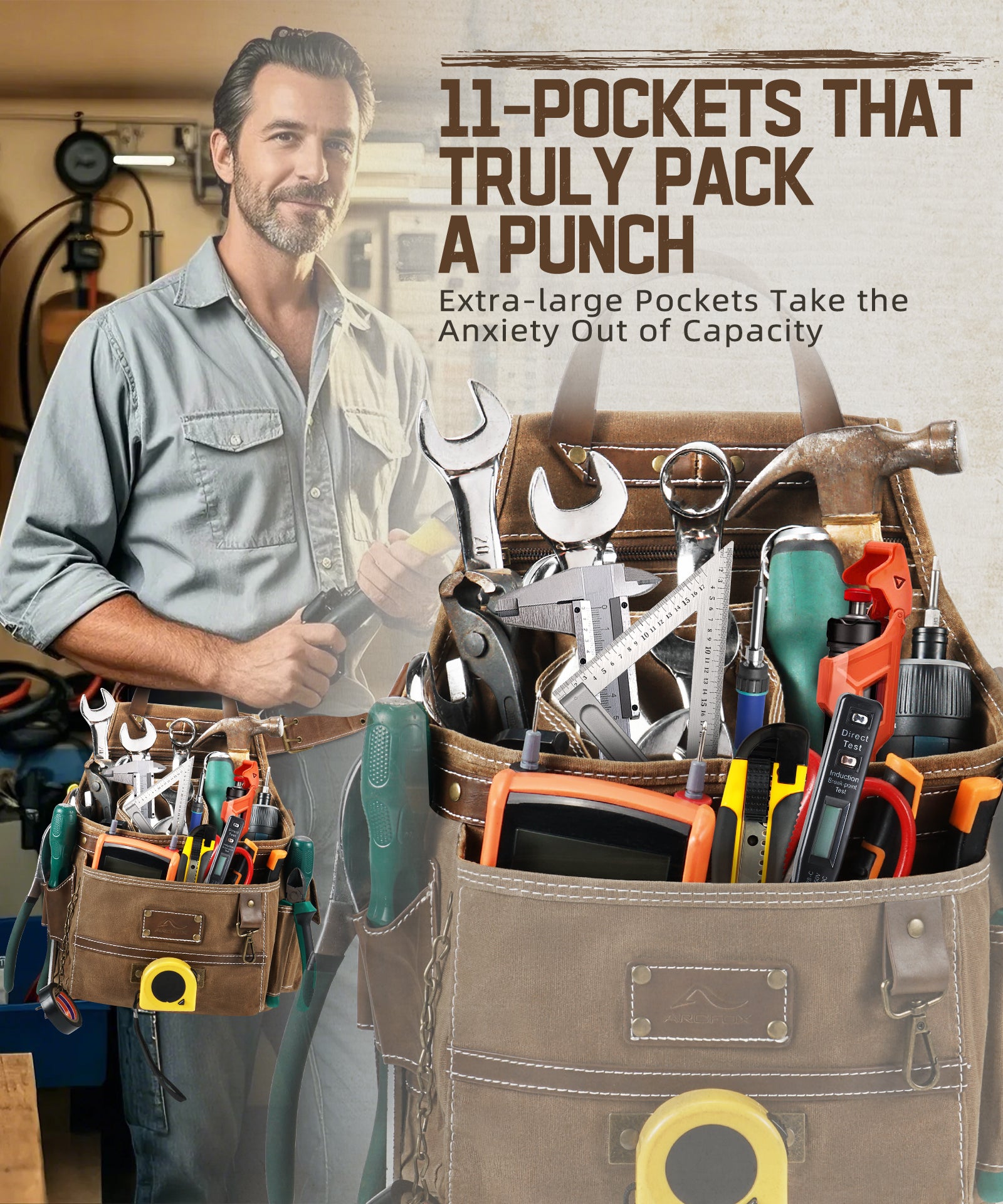 Gürteltasche für Multifunktionswerkzeug mit 11 Taschen und schnell verstellbarer Gürteltasche aus Canvas mit Halterung für Hardware