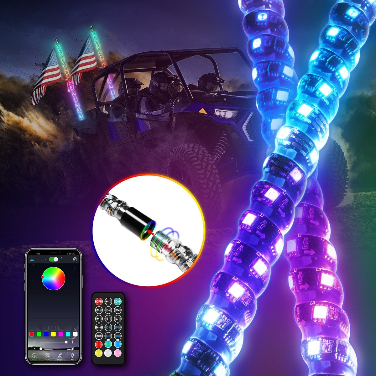 3FT 4FT 5FT 6FT RGB LED Spiral Peitsche Lichter Flagge Pole Lampe Für UTV ATV APP Fernbedienung