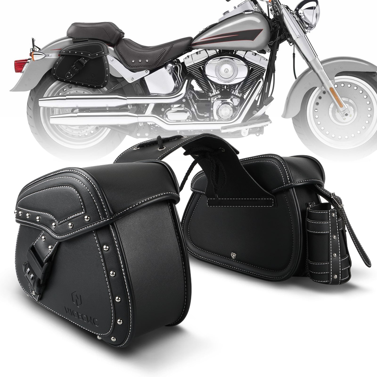 PU leder Motorrad Sattel Taschen mit Getränkehalter & Schloss für Universal Motorrad