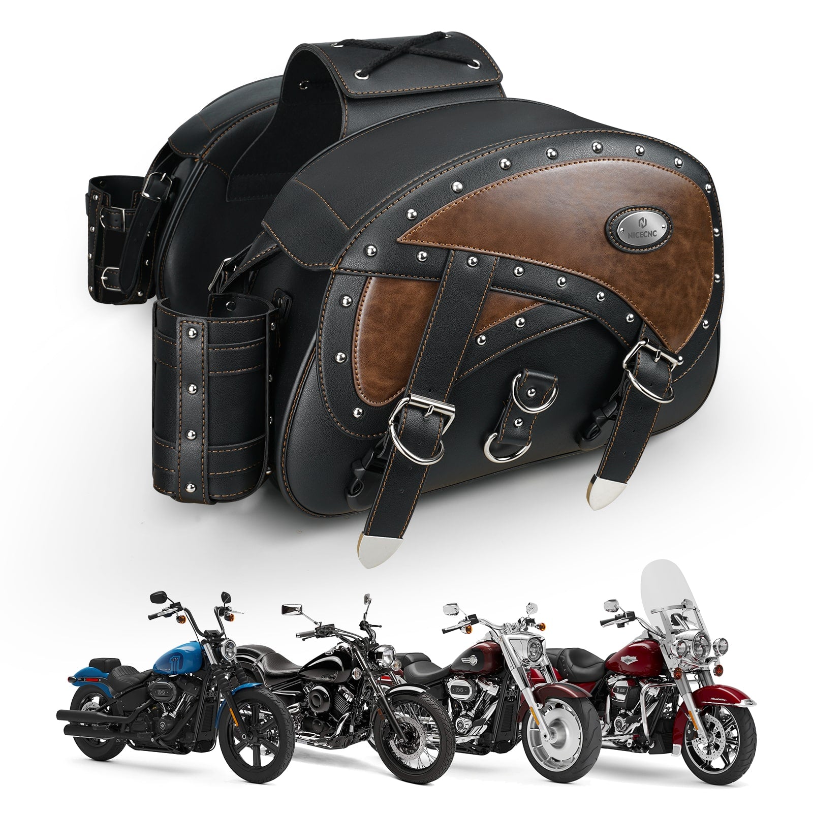 Motorrad-Satteltaschen, 35 l, strapazierfähiges Leder, wasserdicht, mit Getränkehaltern für Cruiser, Softail, Dyna, Road King